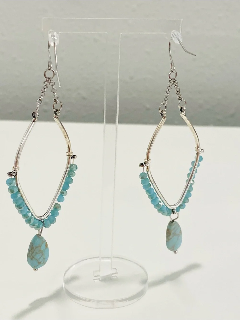 Premier Designs Silvertone Earrings with Faux Turquoise Beads and Drop Stones